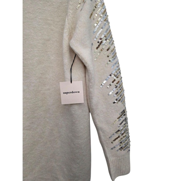 NWT Superdown Size Small Rudie Sparkle Sleeve Cream Turtleneck Sequin Dress Slit - Picture 4 of 9